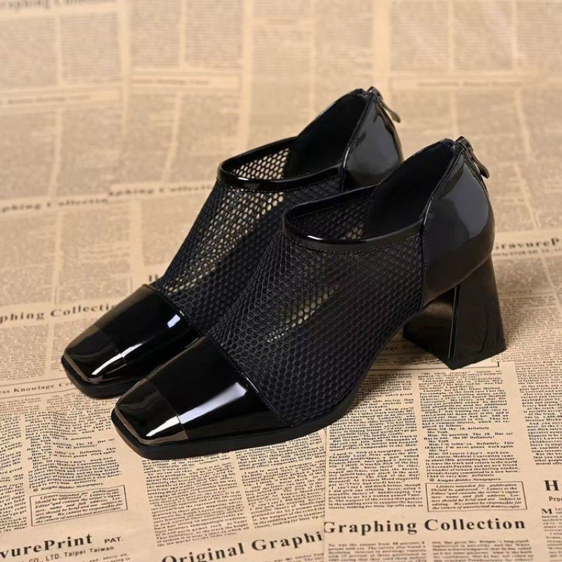 Women's Fashion Hundred Mesh Chunky Heel Square Toe Shoes