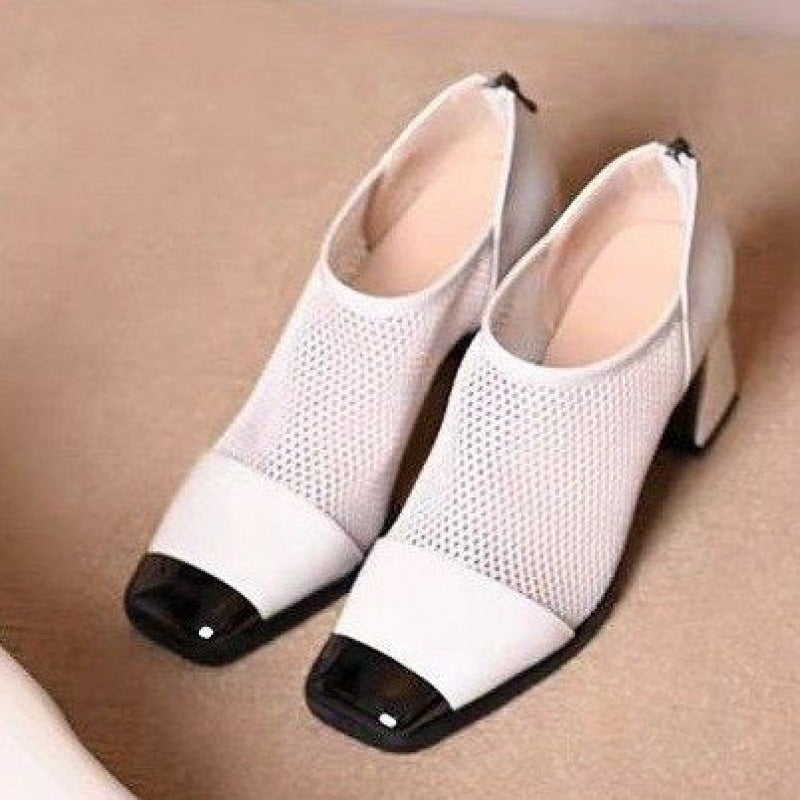 Women's Fashion Hundred Mesh Chunky Heel Square Toe Shoes