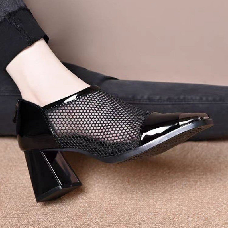 Women's Fashion Hundred Mesh Chunky Heel Square Toe Shoes