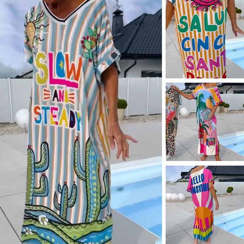 ⏳Time-limited Special⏰Women’s Fashion Print Short Sleeve V-Neck Dress