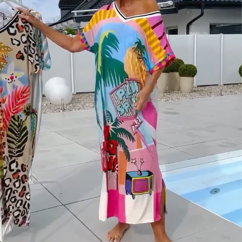 ⏳Time-limited Special⏰Women’s Fashion Print Short Sleeve V-Neck Dress