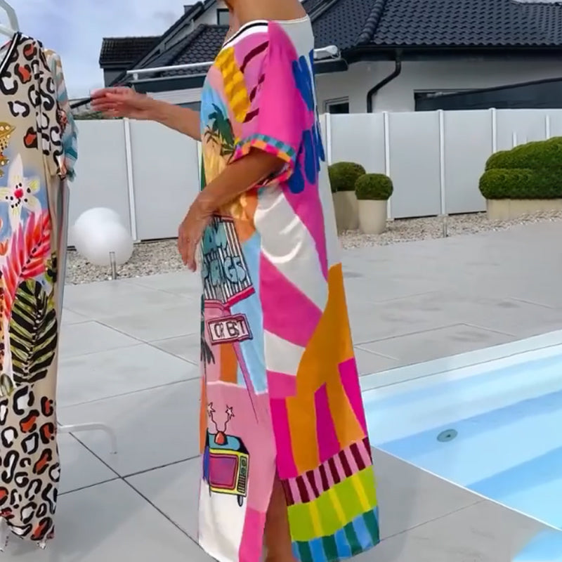 ⏳Time-limited Special⏰Women’s Fashion Print Short Sleeve V-Neck Dress